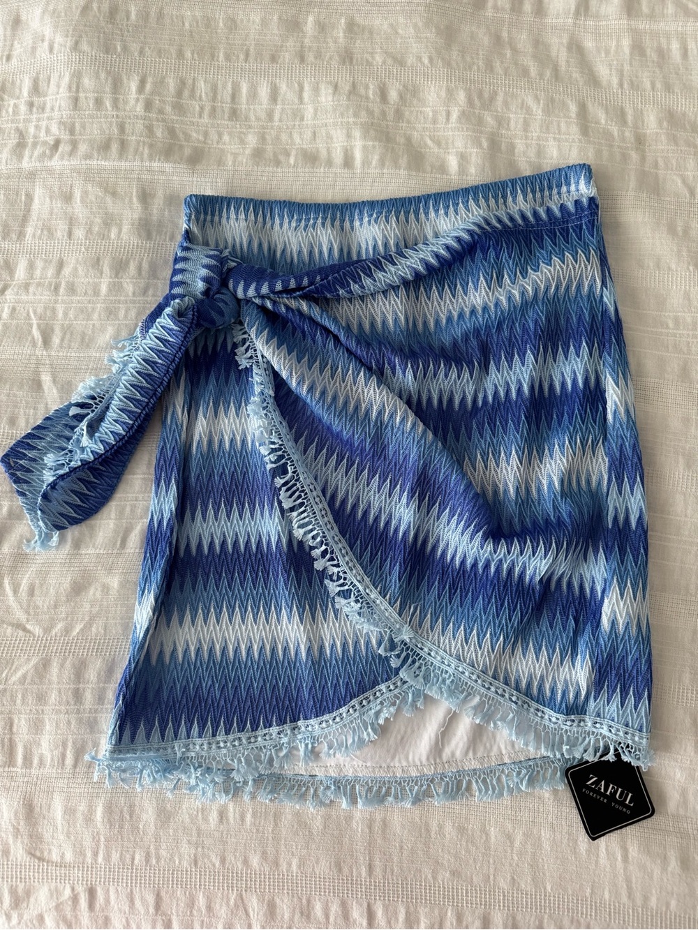 Zaful Blue Chevron Tie-Side Swim Sarong with Fringe